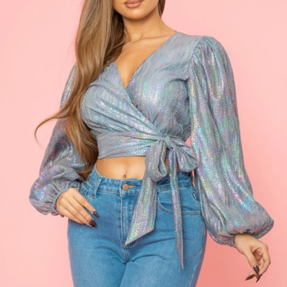 A. Peach Metallic Foil long sleeve Wrap Top  Silver Purple Size L‎ Large